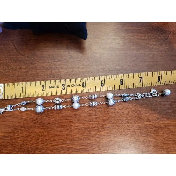 Brighton Pearl Rhinestone Silver Tone Bracelet Double Strand Adjustable Jewelry - Picture 3 of 5